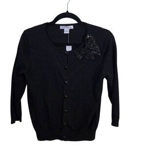 August Silk NWT Black Beaded Bow 3/4 Sleeve Cardigan Sweater Size M